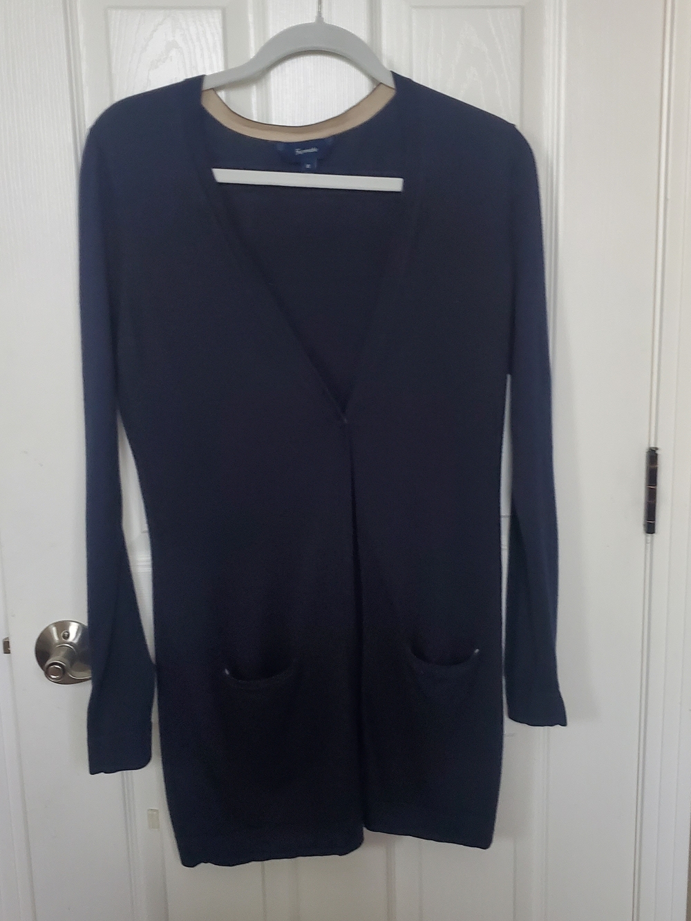 Faconnable Navy Long Open Cardigan with Front Pockets Silk Cotton Blend